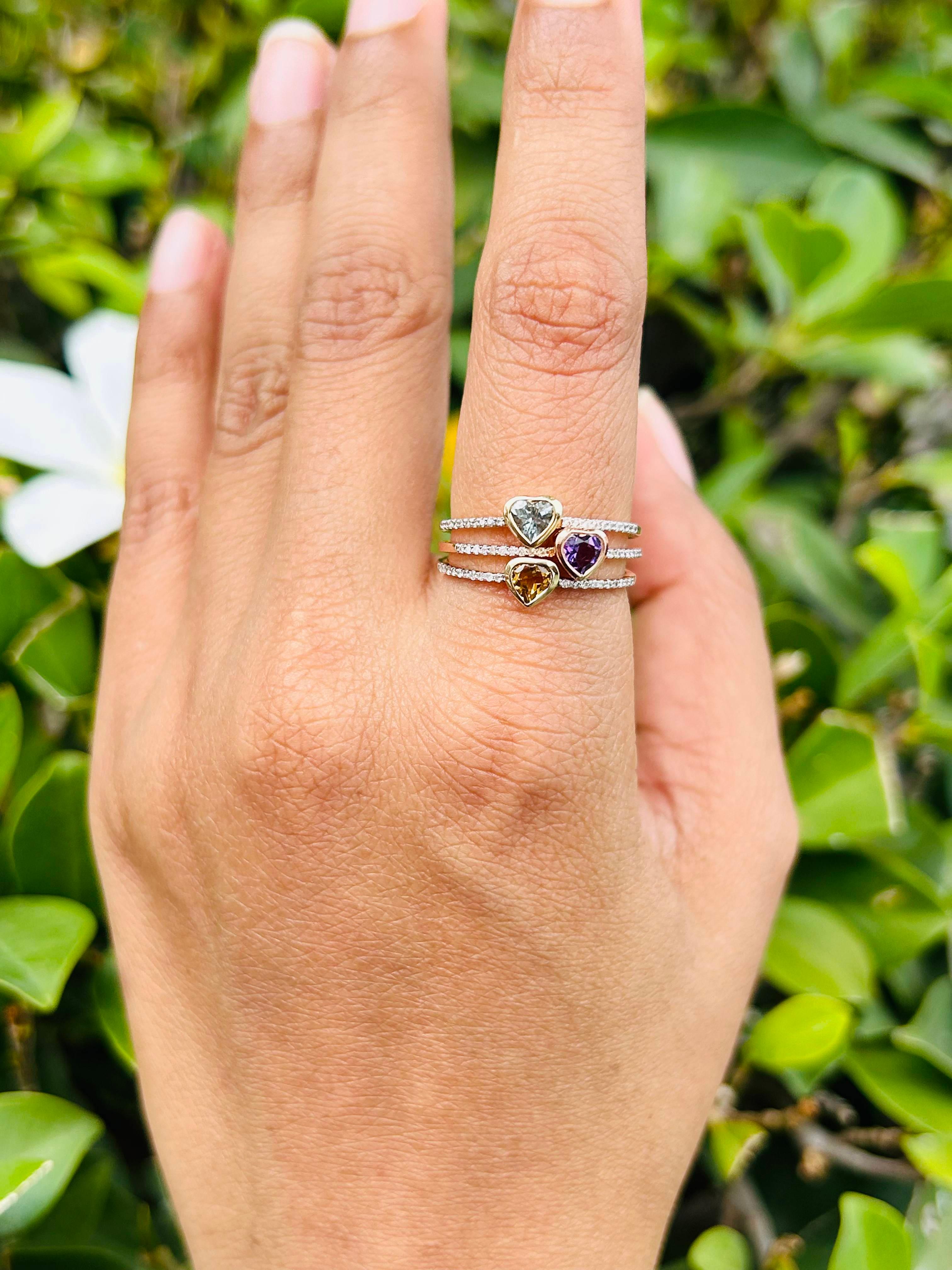 For Sale:  Dainty Heart Shaped Amethyst And Diamonds 14k Rose Gold Stackable Ring 4
