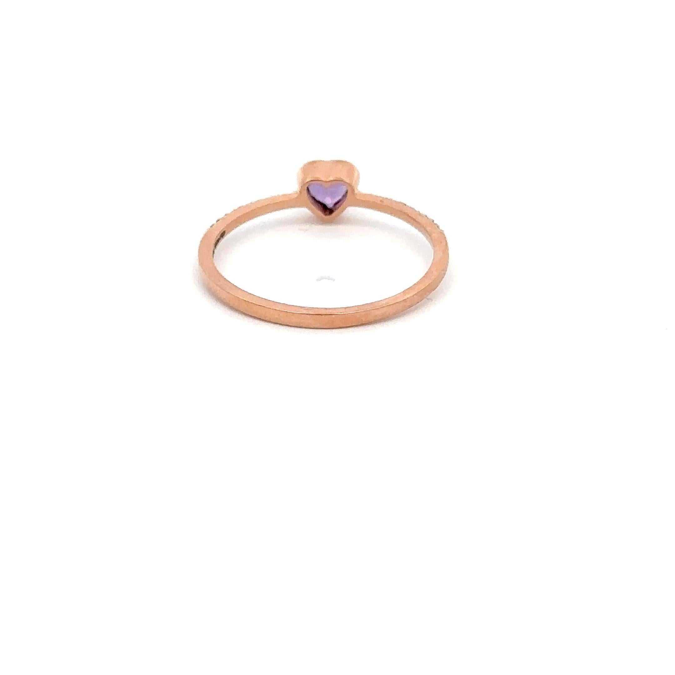 For Sale:  Dainty Heart Shaped Amethyst And Diamonds 14k Rose Gold Stackable Ring 5