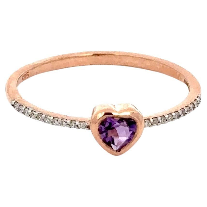 For Sale:  Dainty Heart Shaped Amethyst And Diamonds 14k Rose Gold Stackable Ring