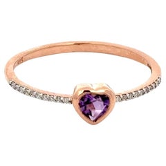 Bague empilable en or rose 14 carats avec améthyste en forme de cœur et diamants