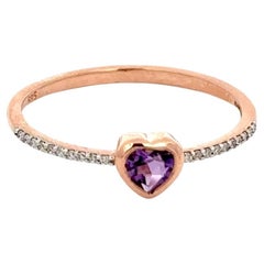 Dainty Heart Shaped Amethyst And Diamonds 14k Rose Gold Stackable Ring