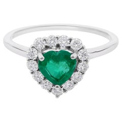 Dainty Heart Shaped Emerald SI/H Diamond Halo Promise Ring 14k White Gold