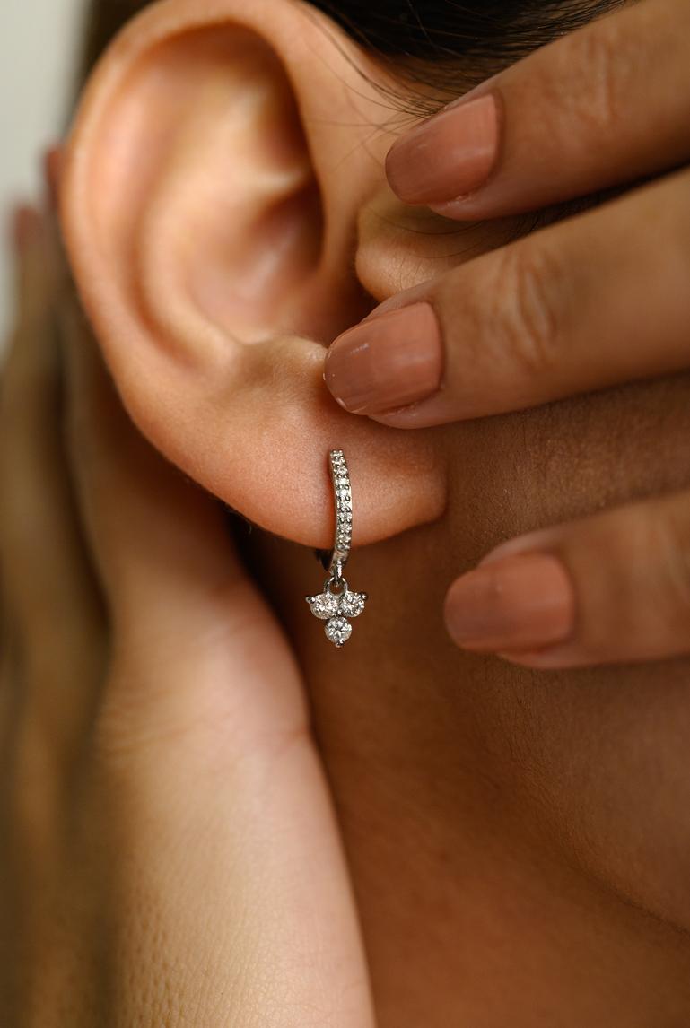 Modern Dainty Huggie Diamond Drop Earrings Made in 18k Solid White Gold For Sale