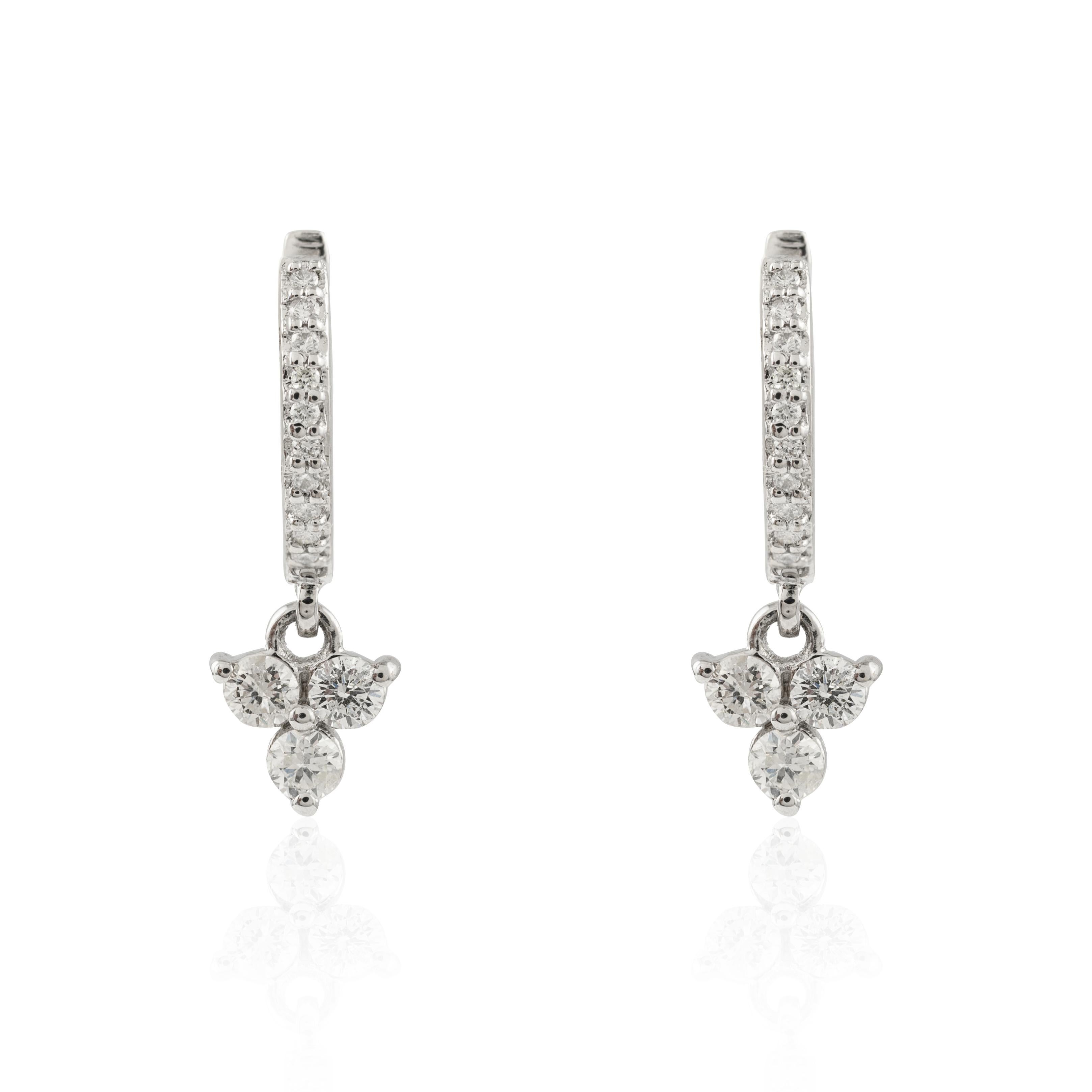 Round Cut Dainty Huggie Diamond Drop Earrings Made in 18k Solid White Gold For Sale