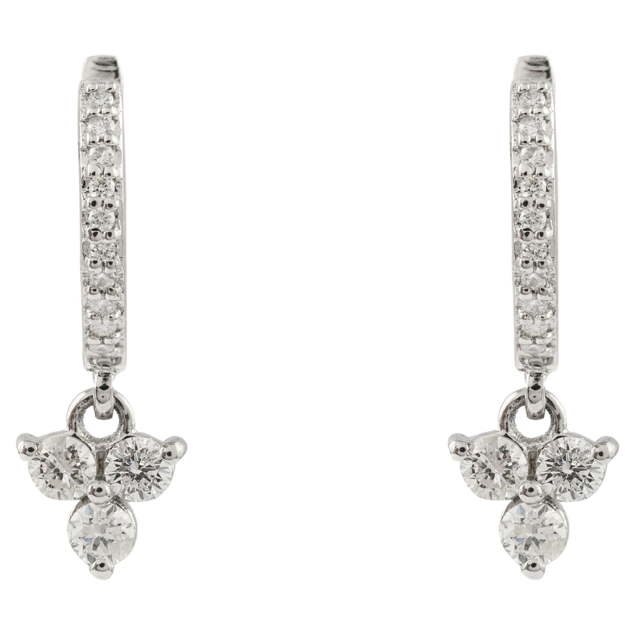 Dainty Huggie Diamond Drop Earrings Made in 18k Solid White Gold For Sale