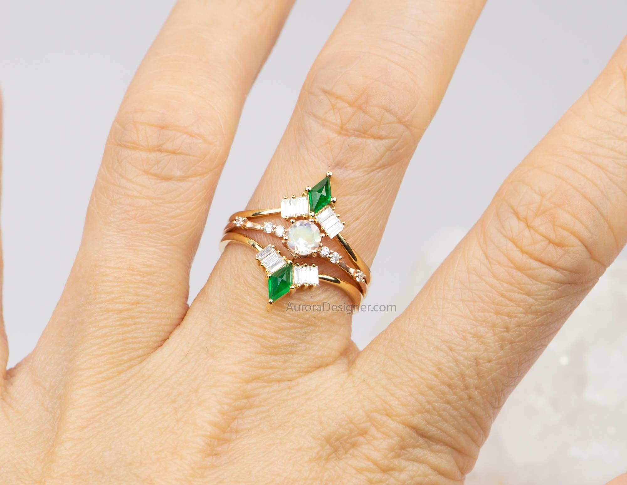 Dainty Kite Shape Emerald with Baguette Diamond Curve Ring 18K Yellow Gold 5