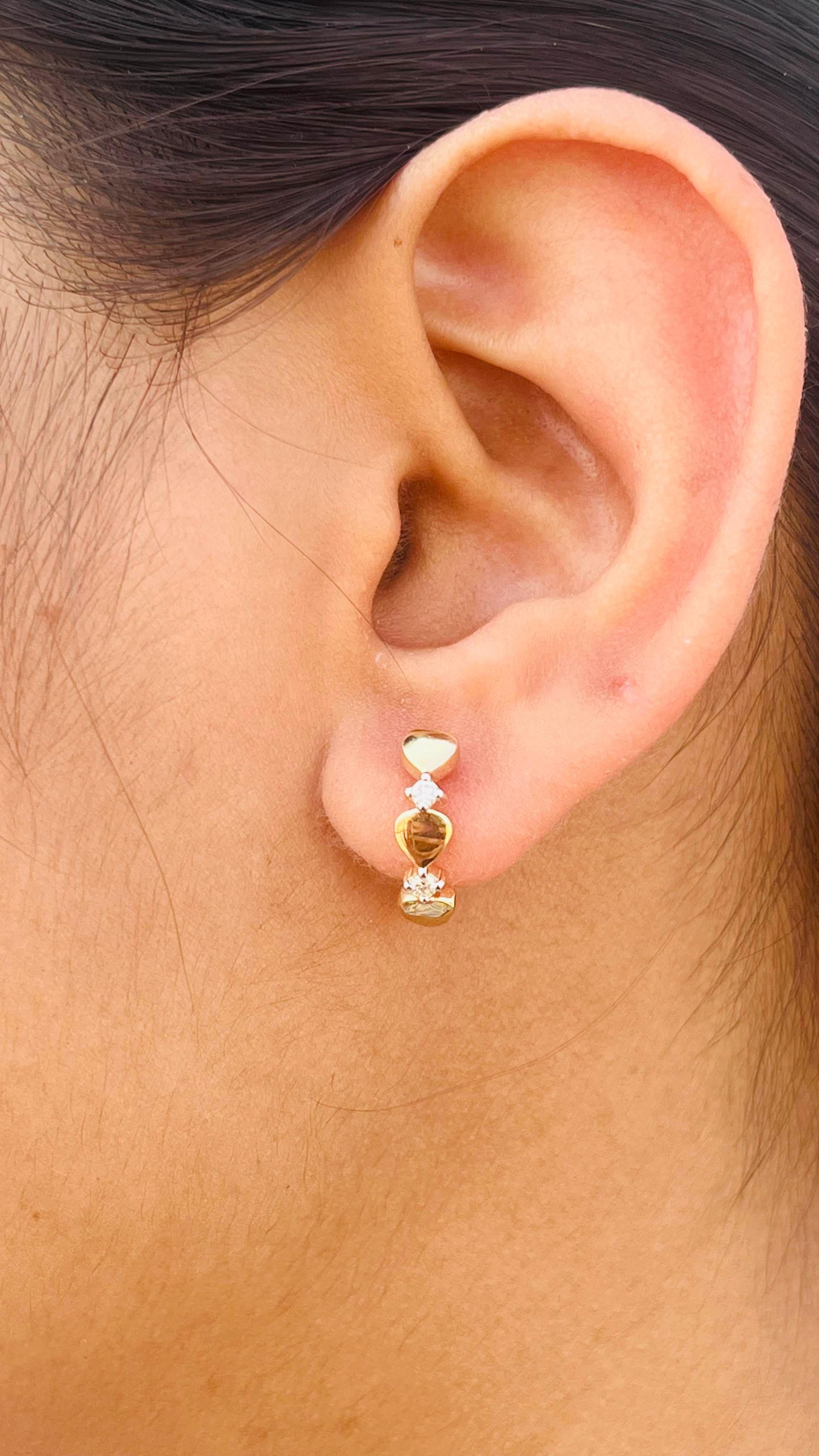 Dainty Love Heart Diamond Huggie Hoop Earrings in 14Karat Solid Yellow Gold For Sale 5