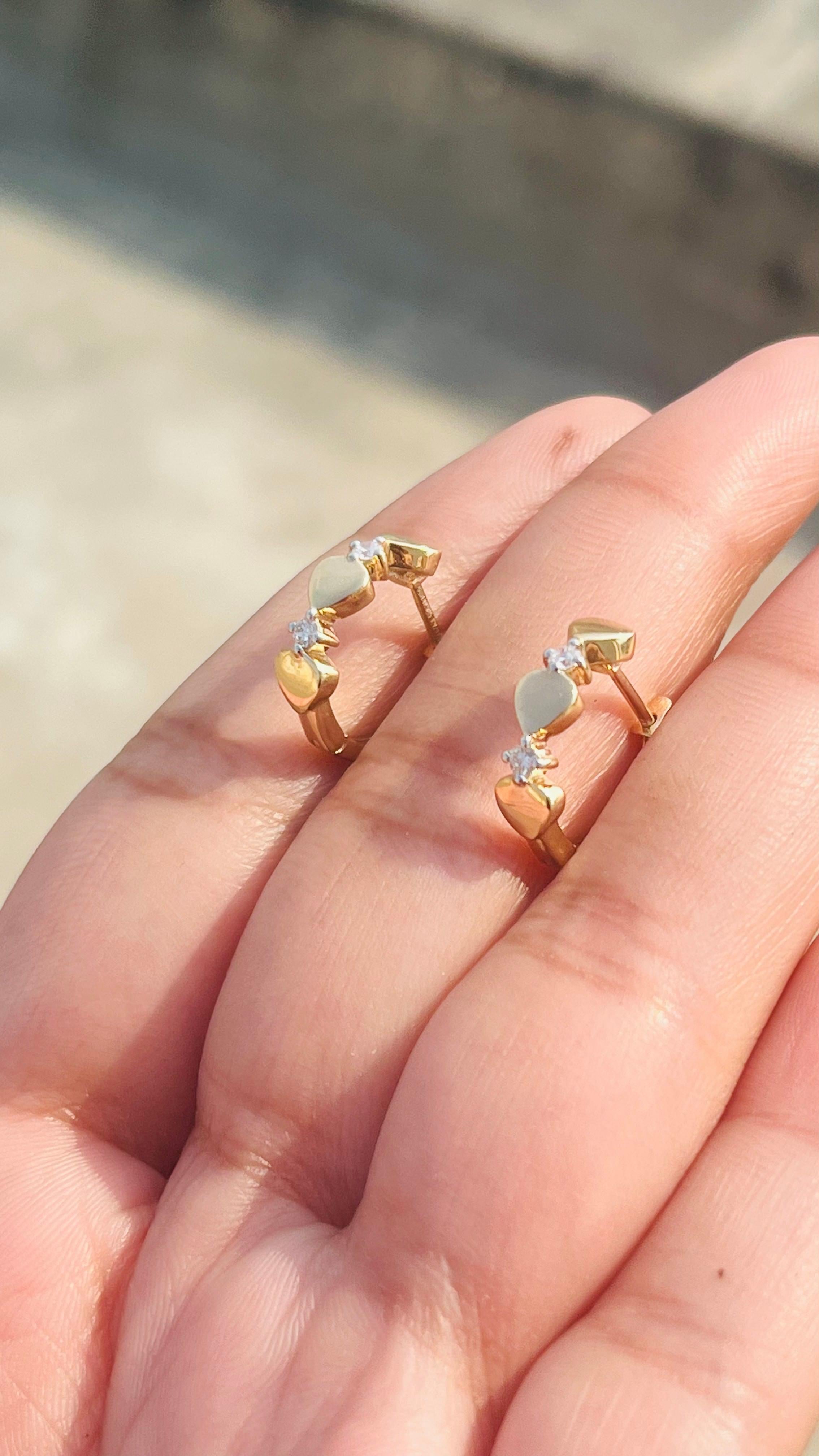 Round Cut Dainty Love Heart Diamond Huggie Hoop Earrings in 14Karat Solid Yellow Gold For Sale