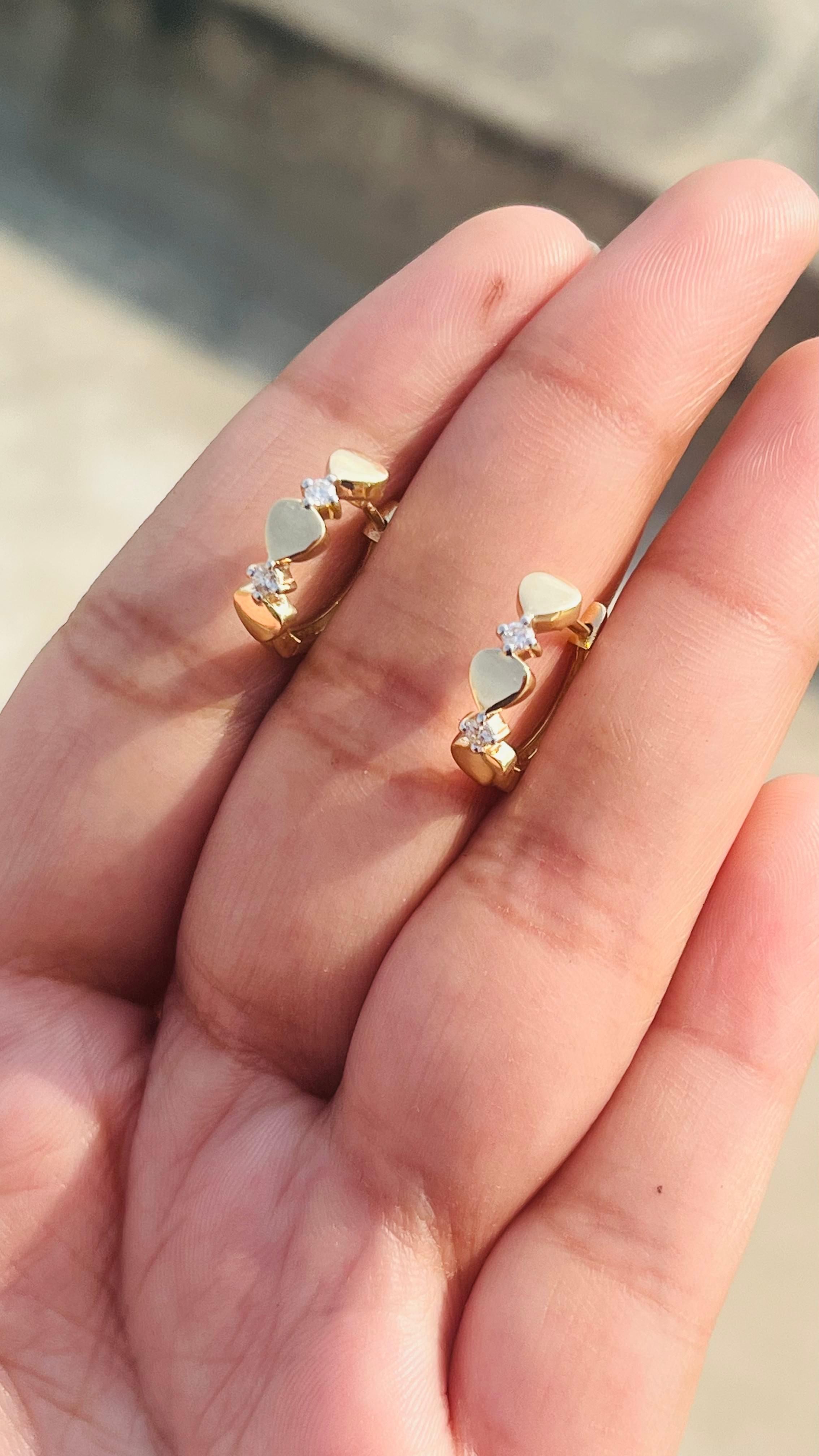 Dainty Love Heart Diamond Huggie Hoop Earrings in 14Karat Solid Yellow Gold For Sale 3