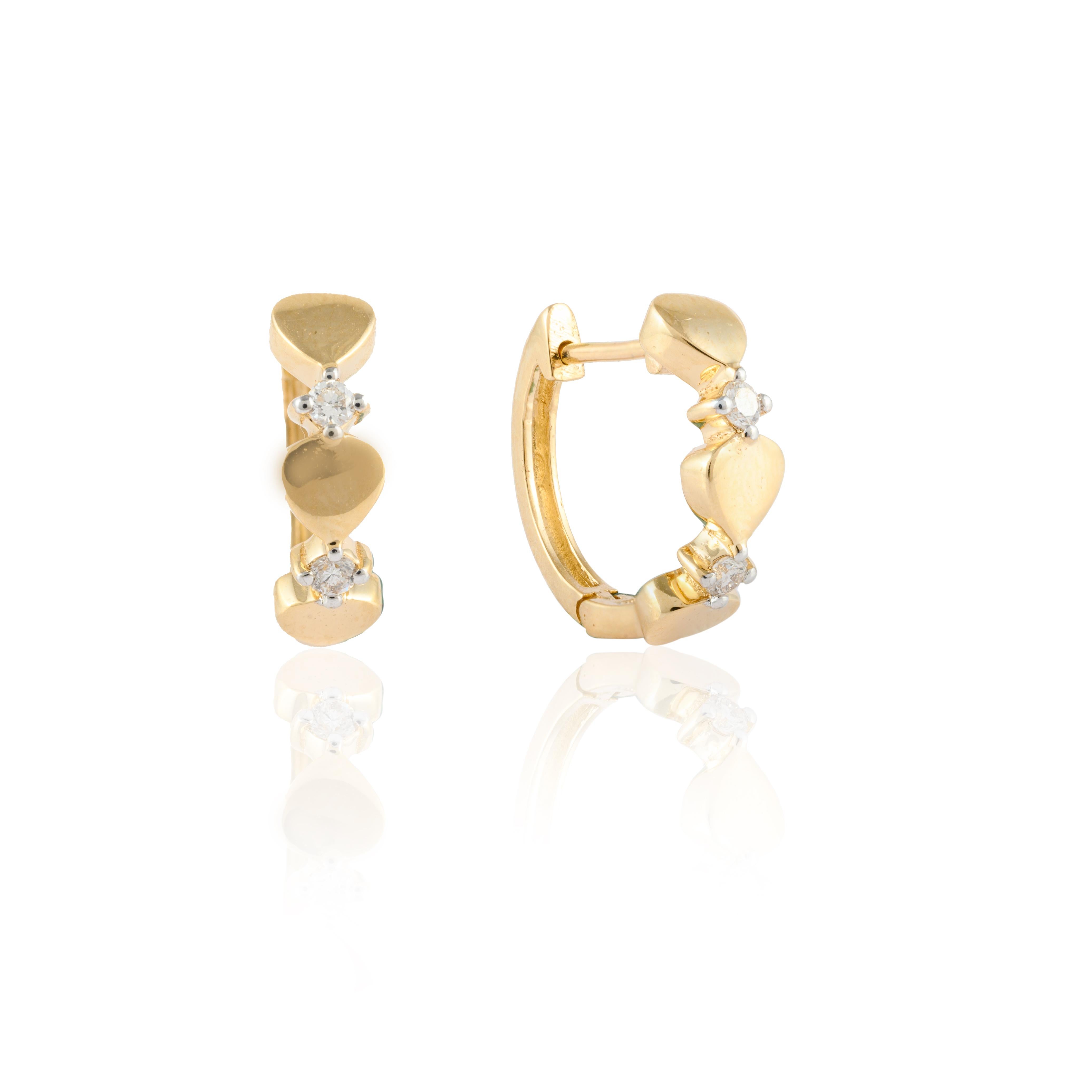 Modern Dainty Love Heart Diamond Huggie Hoop Earrings in 14Karat Solid Yellow Gold For Sale