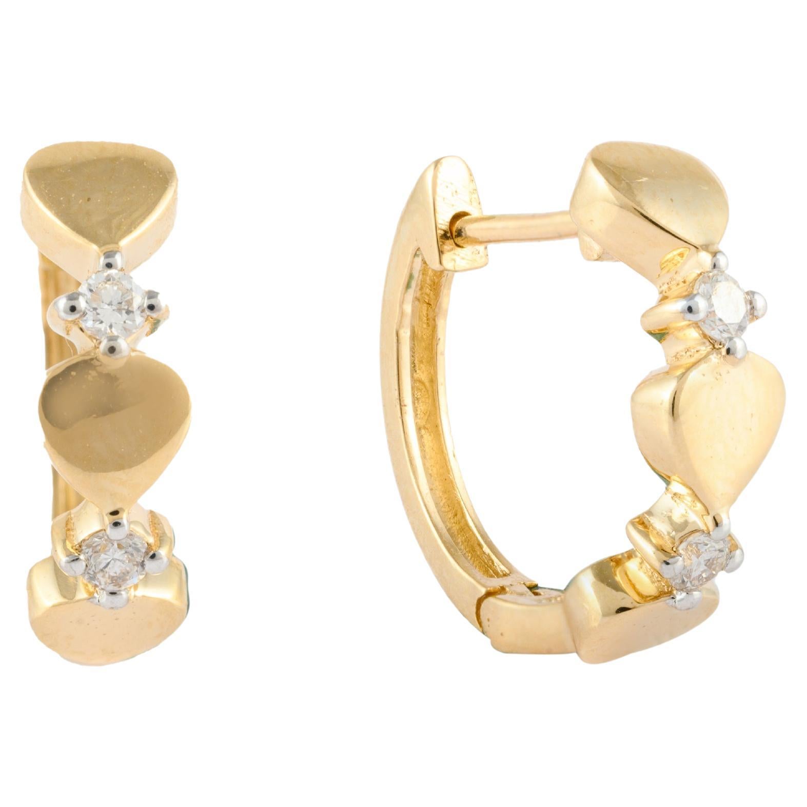 Dainty Love Heart Diamond Huggie Hoop Earrings in 14Karat Solid Yellow Gold For Sale