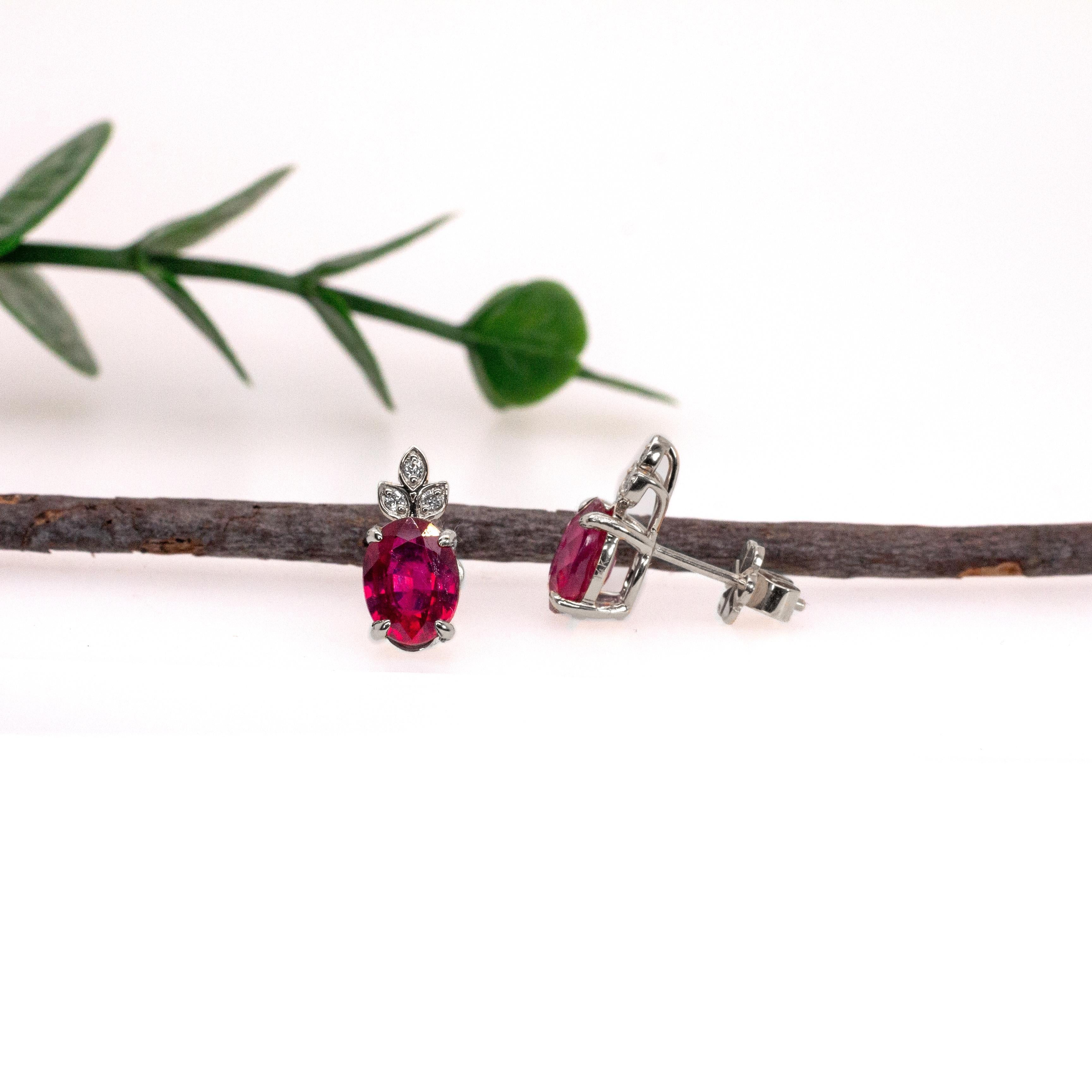 Art Deco Dainty Madagascar Ruby Studs w Diamond Accents in 14K White Gold  OV 8x6mm
