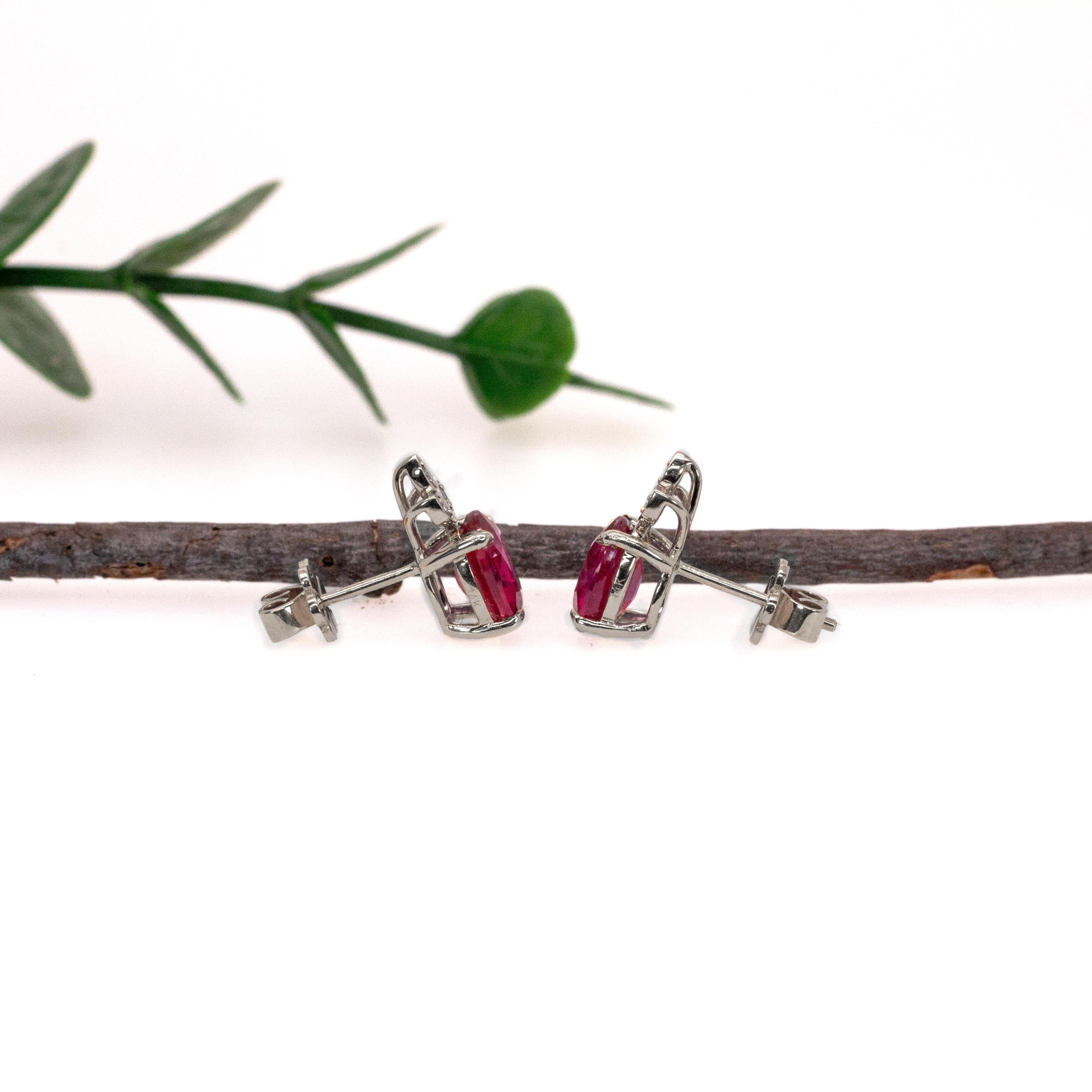 Oval Cut Dainty Madagascar Ruby Studs w Diamond Accents in 14K White Gold  OV 8x6mm