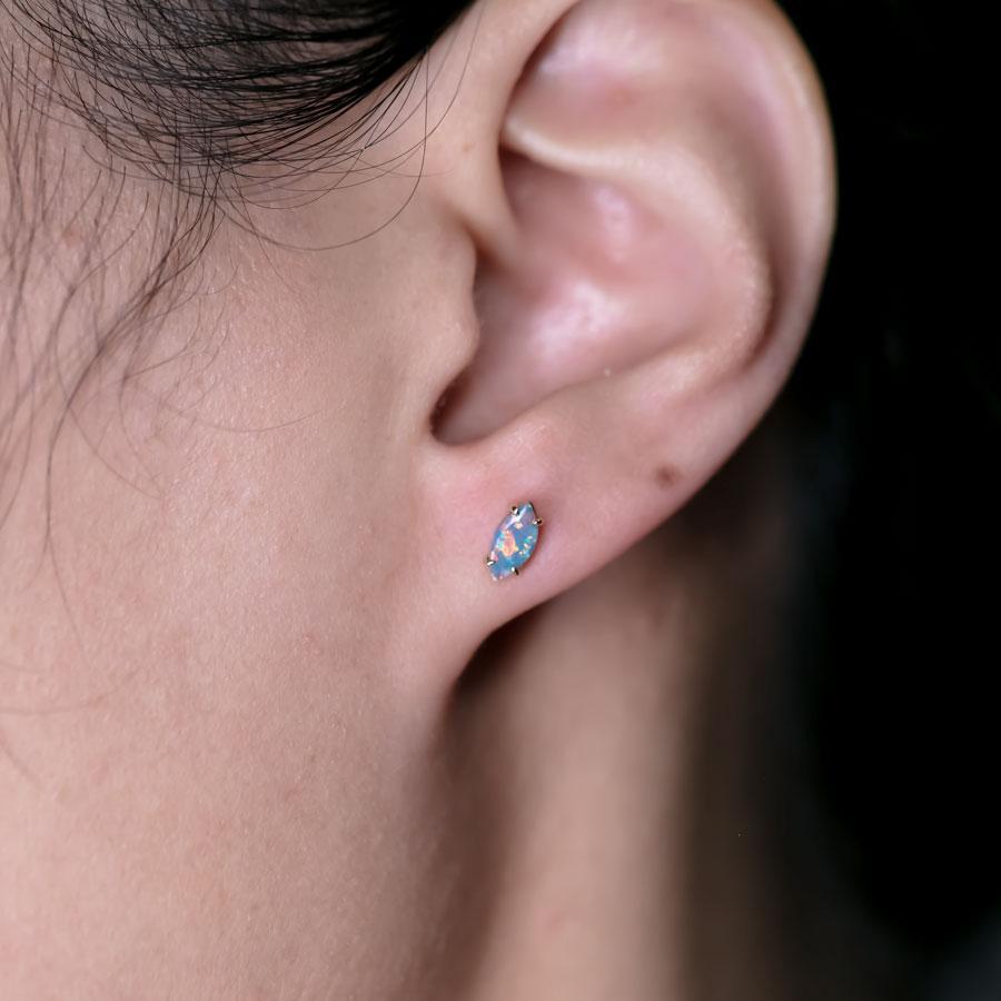 Arts and Crafts Dainty Marquise-Cut Australian Doublet Opal Stud Earrings 18K Yellow Gold For Sale