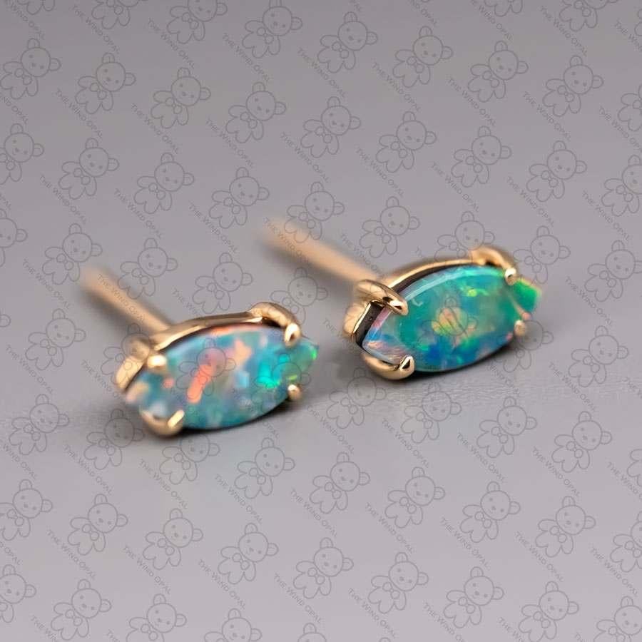 Marquise Cut Dainty Marquise-Cut Australian Doublet Opal Stud Earrings 18K Yellow Gold For Sale