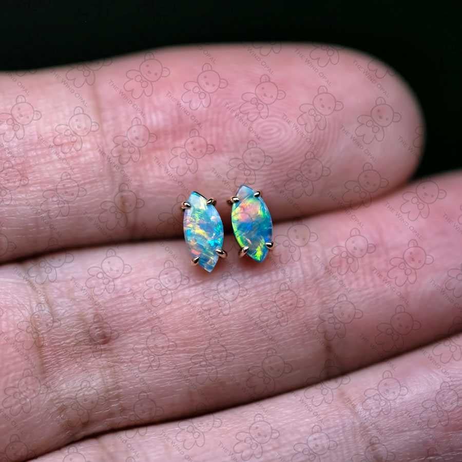 Dainty Marquise-Cut Australian Doublet Opal Stud Earrings 18K Yellow Gold In New Condition For Sale In Suwanee, GA