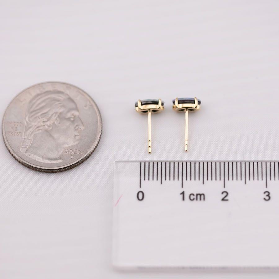 Women's or Men's Dainty Marquise-Cut Australian Doublet Opal Stud Earrings 18K Yellow Gold For Sale