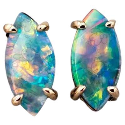 Dainty Marquise-Cut Australian Doublet Opal Stud Earrings 18K Yellow Gold
