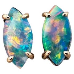 Dainty Marquise-Cut Australian Doublet Opal Stud Earrings 18K Yellow Gold