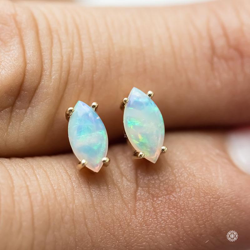 Arts and Crafts Dainty Marquise Cut Australian Solid Opal Stud Earrings 14K Yellow Gold For Sale