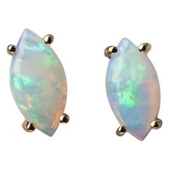 Dainty Marquise Cut Australian Solid Opal Stud Earrings 14K Yellow Gold
