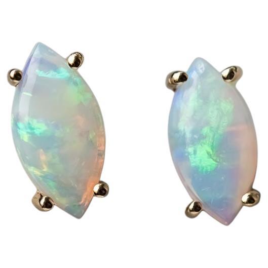 Dainty Marquise Cut Australian Solid Opal Stud Earrings 14K Yellow Gold For Sale