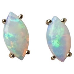 Dainty Marquise Cut Australian Solid Opal Stud Earrings 14K Yellow Gold