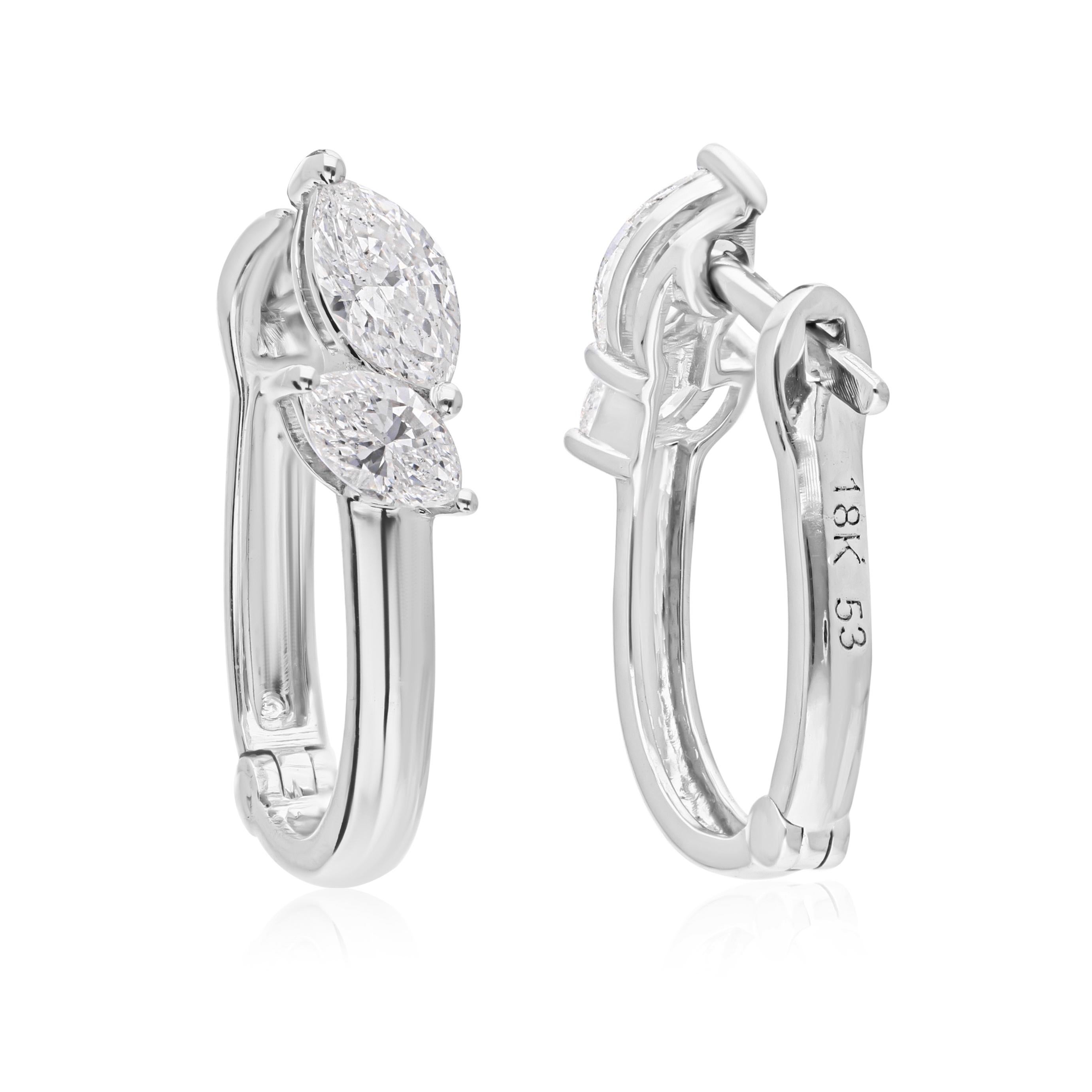 Zierliche Marquise Cut Natural Diamond Huggies Hoop Earrings 14 Karat Weißgold im Zustand „Neu“ im Angebot in Diera, Dubai