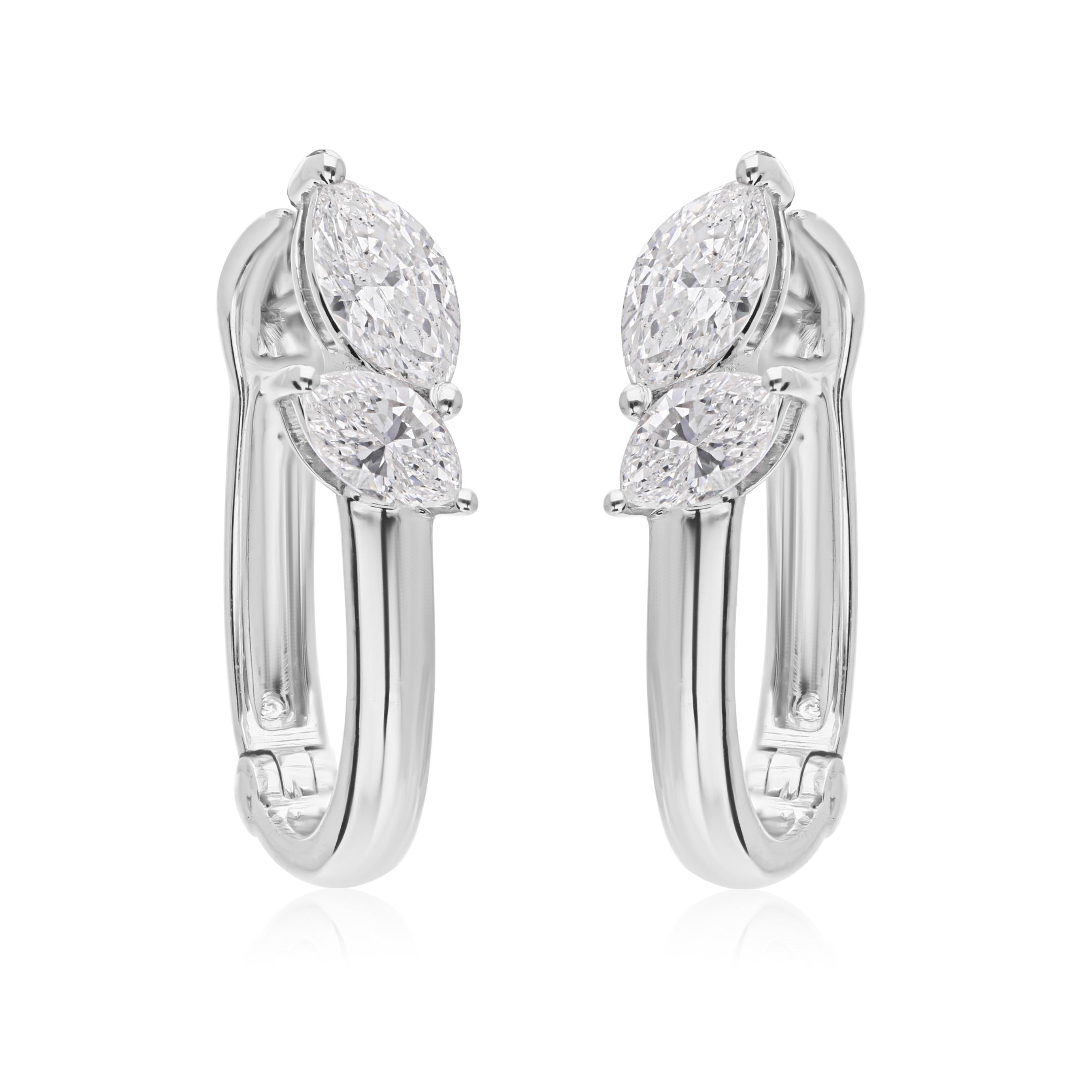Zierliche Marquise Cut Natural Diamond Huggies Hoop Earrings 14 Karat Weißgold im Angebot 3