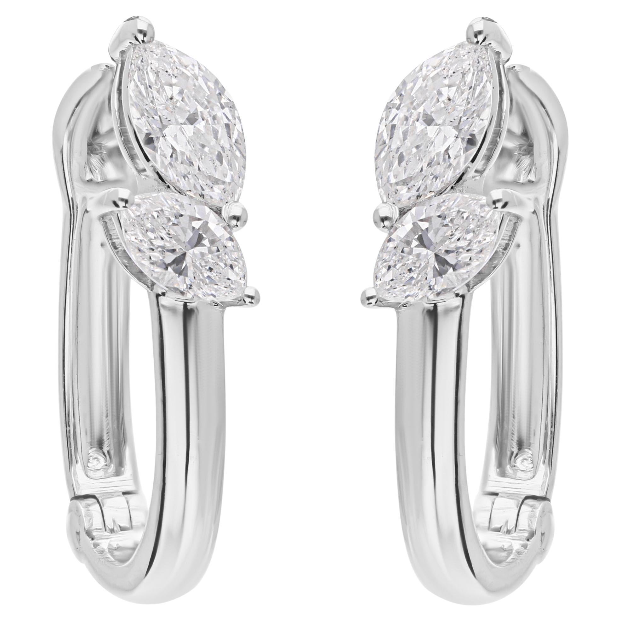 Zierliche Marquise Cut Natural Diamond Huggies Hoop Earrings 14 Karat Weißgold