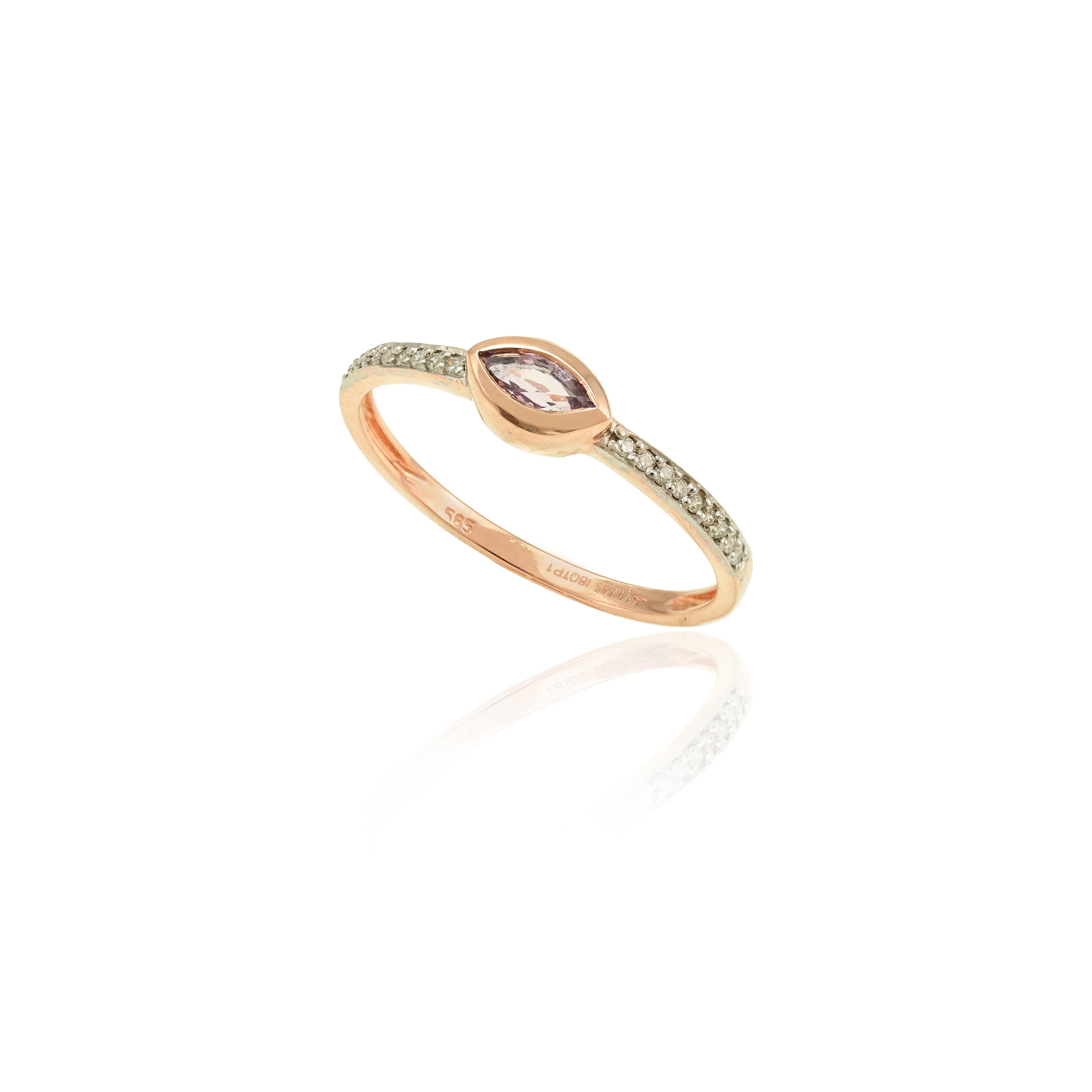 Im Angebot: Dainty Ring aus 14k massivem Roségold mit rosa Saphiren im Marquise-Schliff und Diamanten () 3