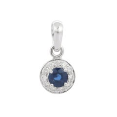 Dainty Medallion Halo Diamond and Blue Sapphire Pendant in 14K White Gold