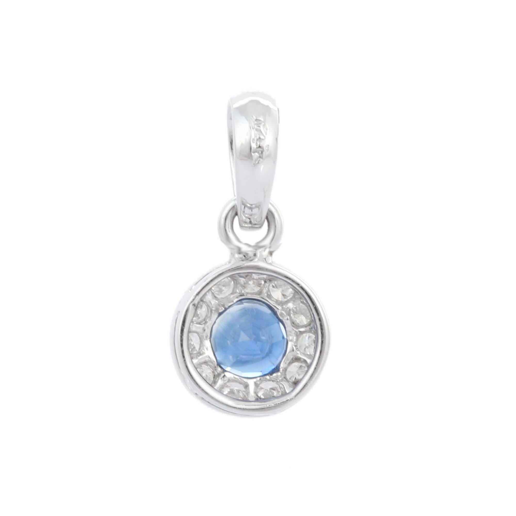 Romantic Dainty Medallion Halo Diamond and Blue Sapphire Pendant in 14K White Gold For Sale