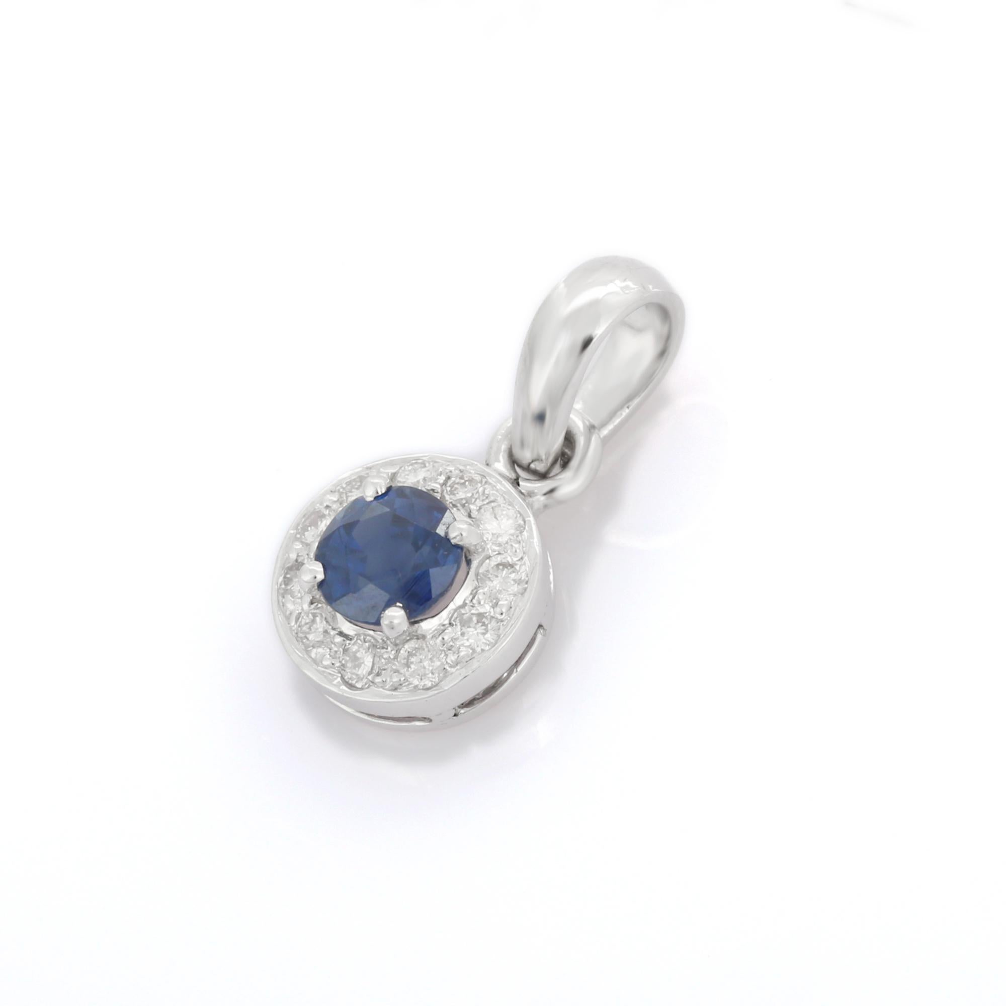 Dainty Medallion Halo Diamond and Blue Sapphire Pendant in 14K White Gold In New Condition For Sale In Houston, TX