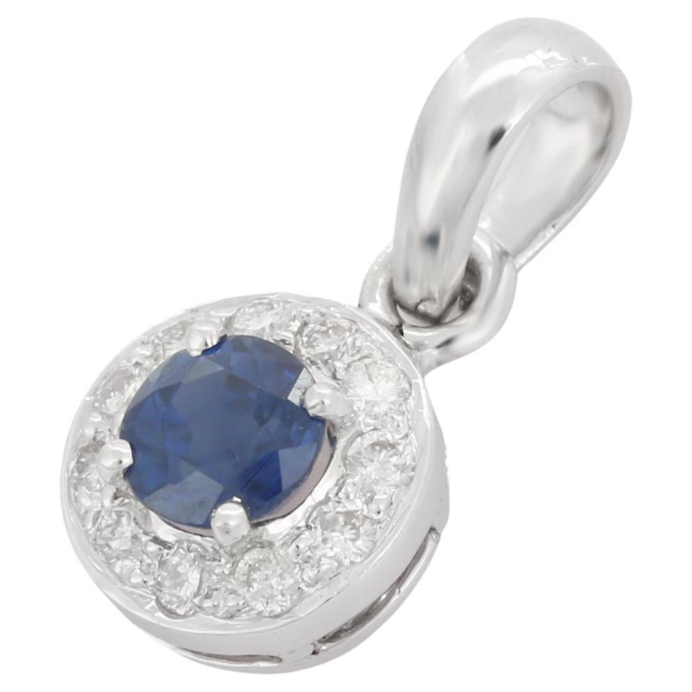 Dainty Medallion Halo Diamond and Blue Sapphire Pendant in 14K White Gold For Sale
