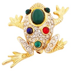 Dainty Mughal "Gripoix" Glass & Crystal Pavé Frog Figural Brooch By Sphinx