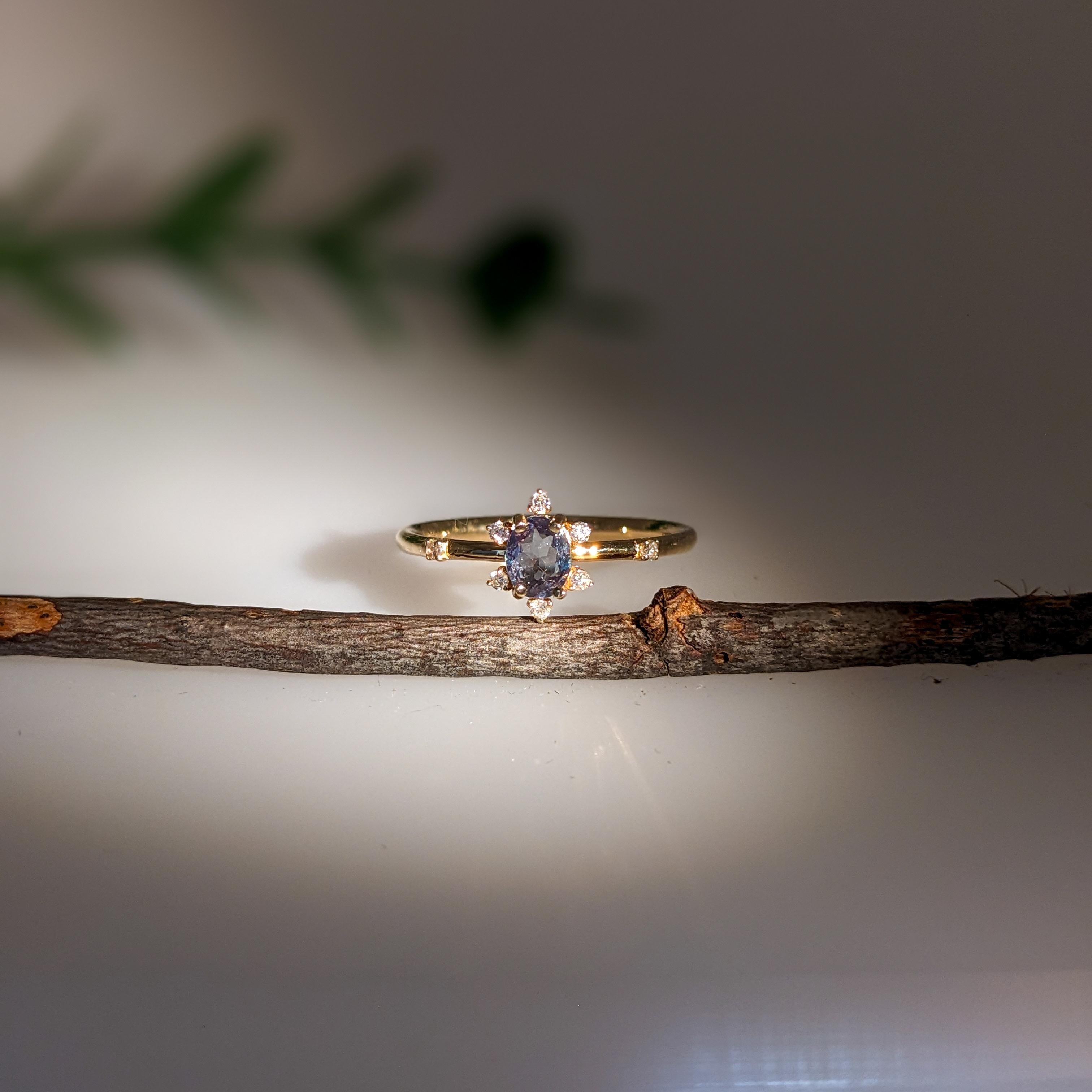 Art Deco Dainty Natural Color Changing Alexandrite Ring w Diamonds in 14K Yellow Gold