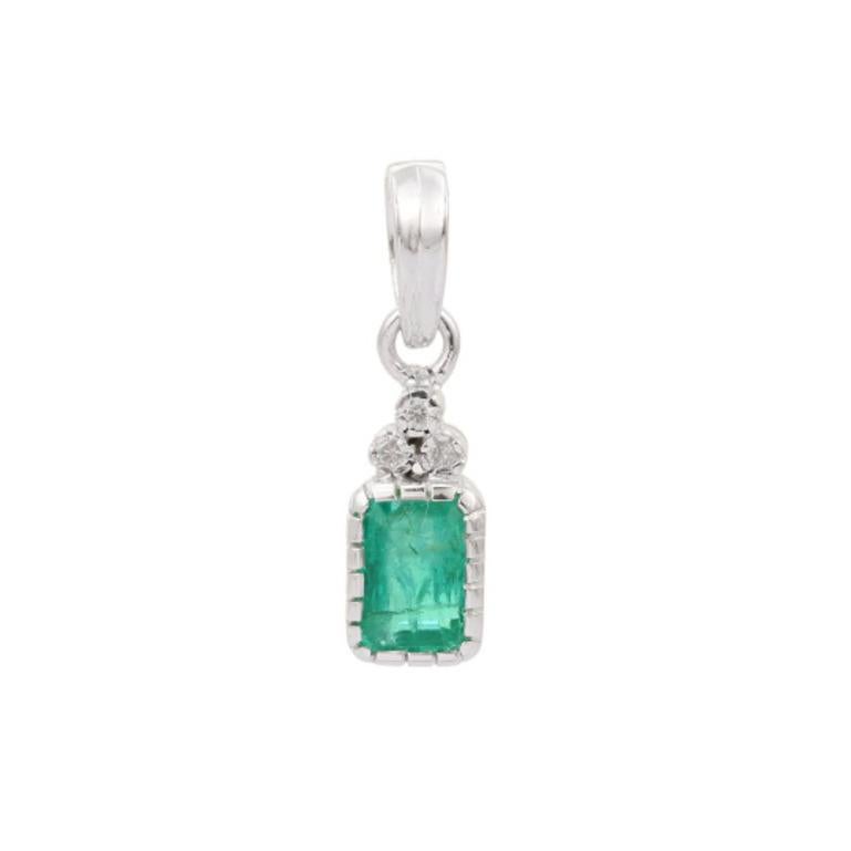 Dainty Natural Emerald and Diamond Pendant in sterling silver studded with octagon cut emerald and round cut diamonds. This stunning piece of jewelry instantly elevates a casual look or dressy outfit.
Emerald brings energy, calmness and happiness