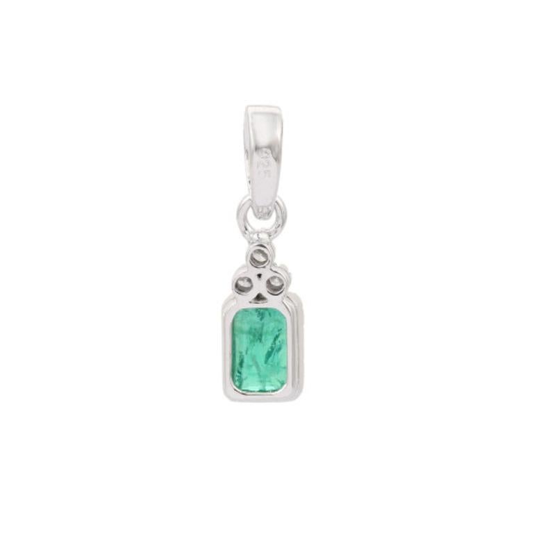 Modern Dainty Natural Emerald and Diamond Pendant Crafted in 925 Sterling Silver For Sale