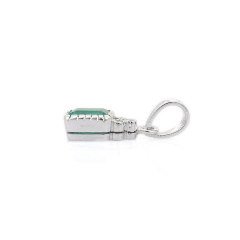 Octagon Cut Dainty Natural Emerald and Diamond Pendant Crafted in 925 Sterling Silver For Sale