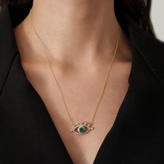 Dainty Natural Green Emerald Diamond Evil Eye Pendant Necklace 14K Yellow Gold