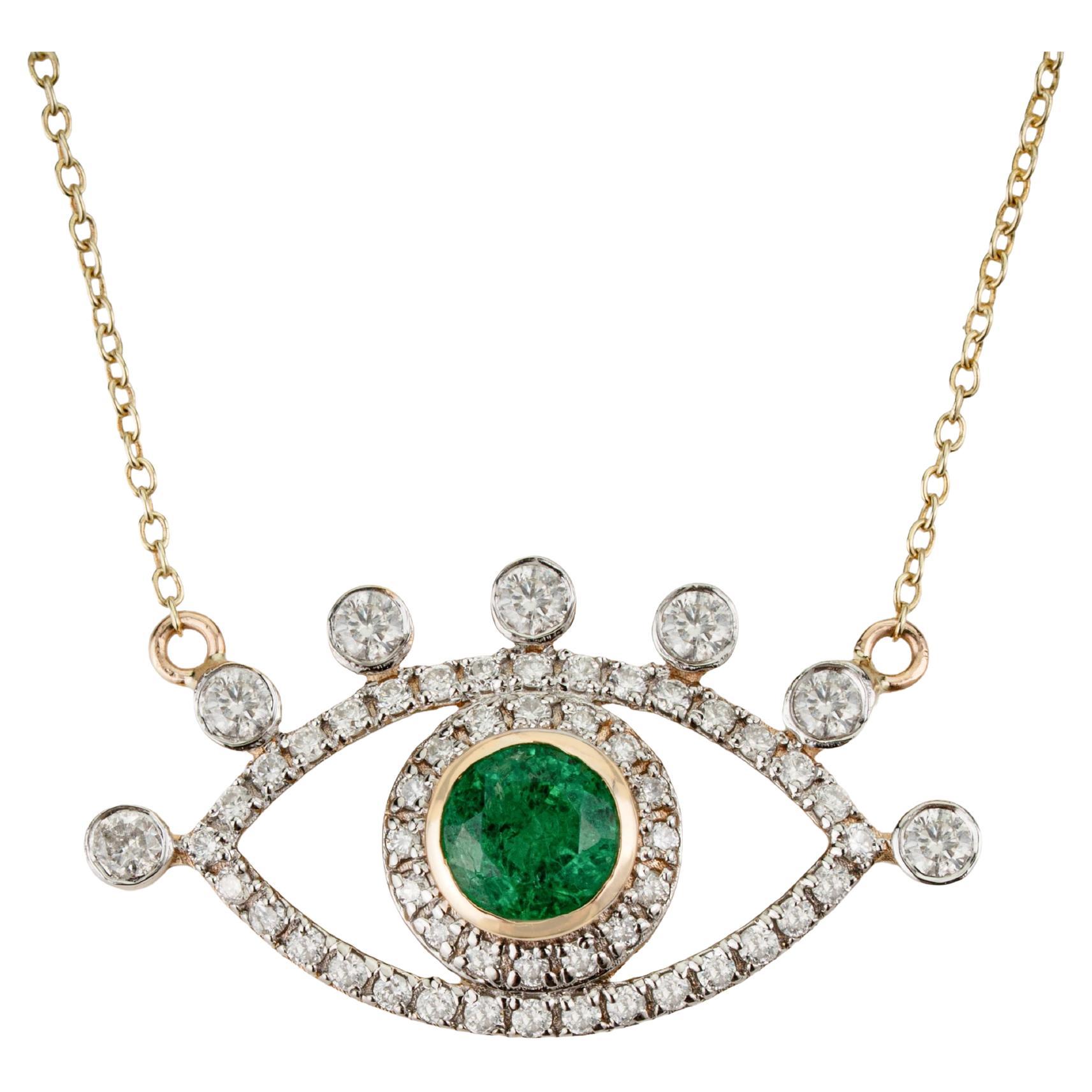 Collana con ciondolo con smeraldo verde naturale e diamante con occhio maligno in oro giallo 14K