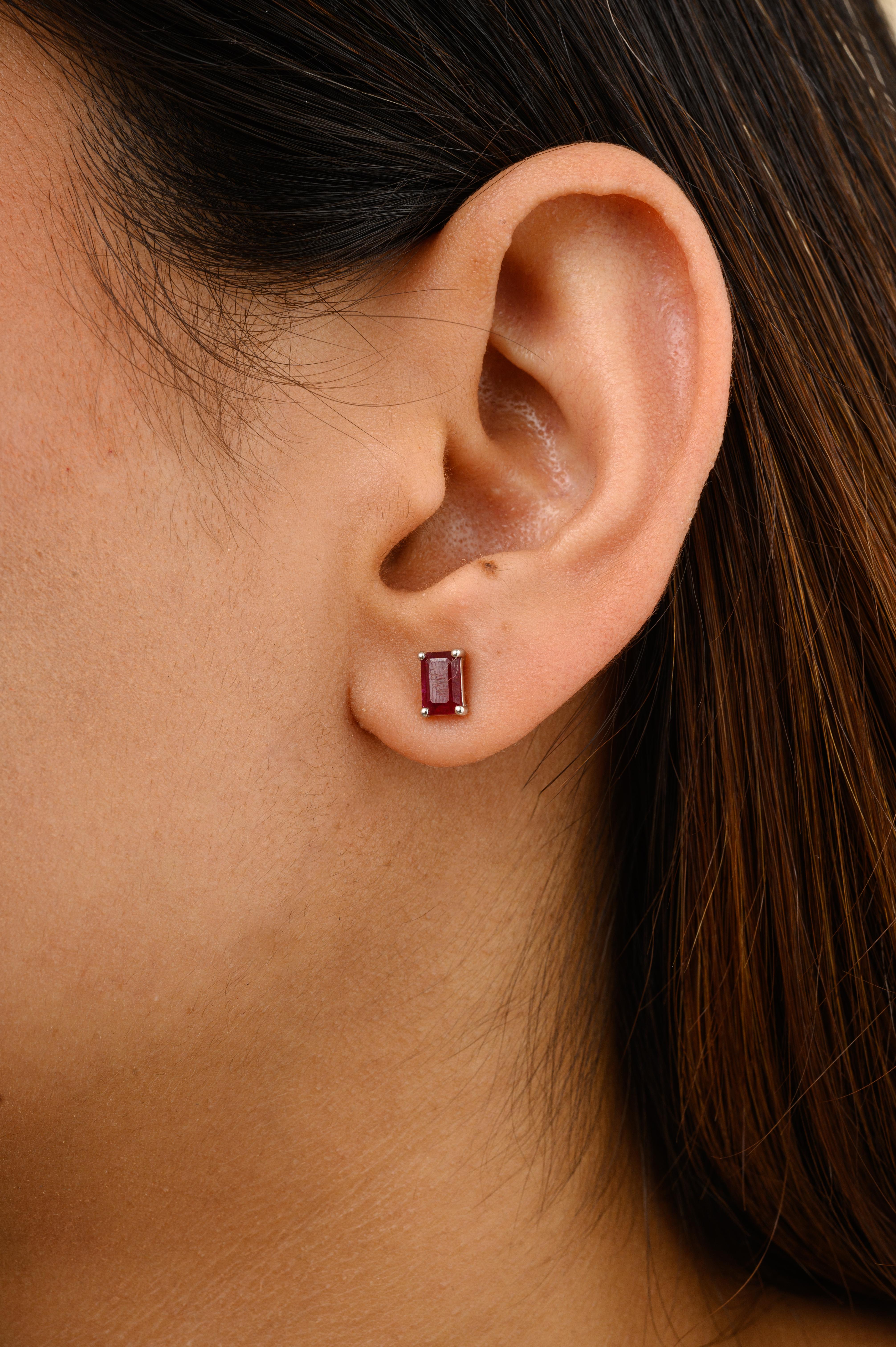 Dainty Natural Ruby Gemstone Stud Earrings for Mom in 14K Gold to make a statement with your look. You shall need stud earrings to make a statement with your look. These earrings create a sparkling, luxurious look featuring baguette cut ruby.
Ruby