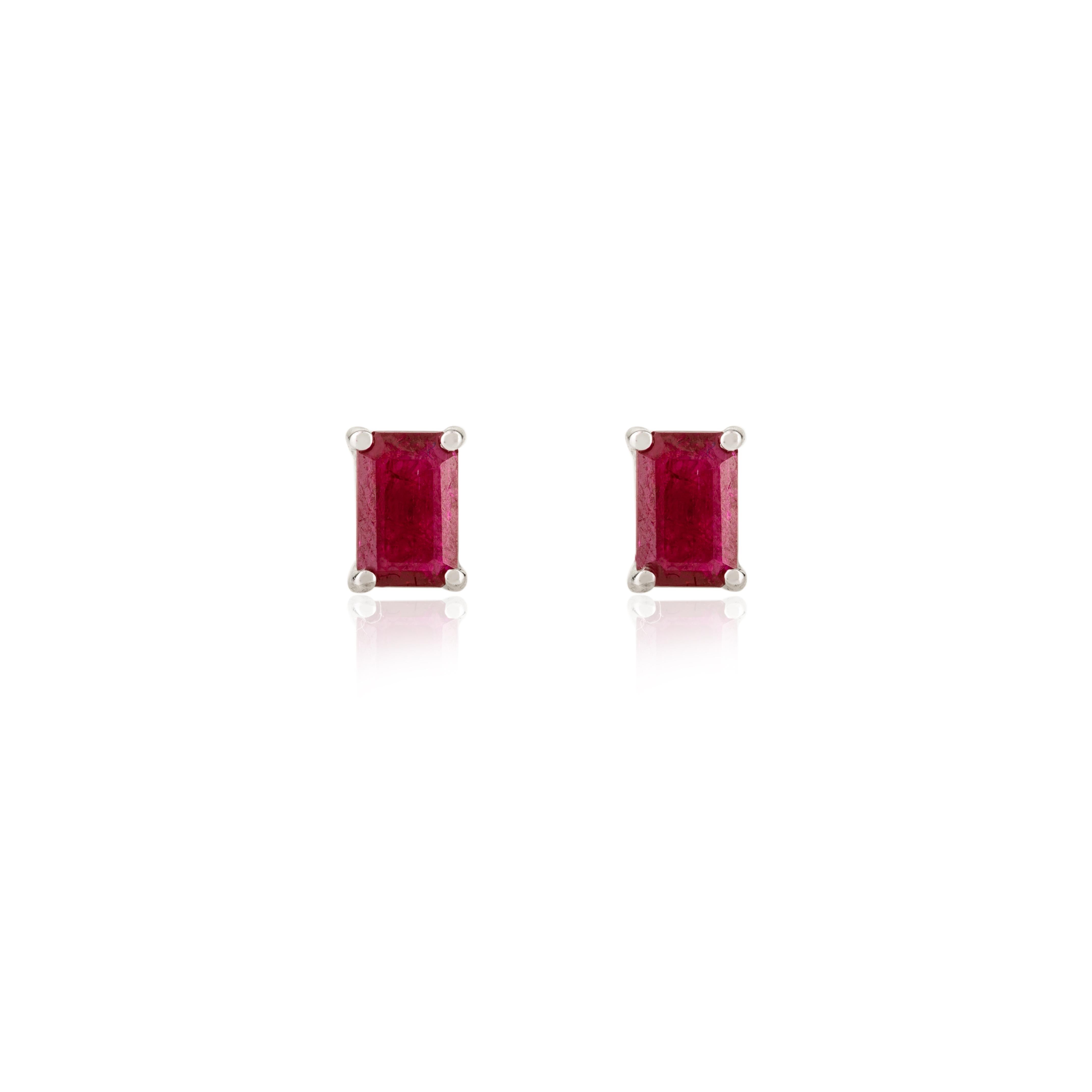 Modern Dainty Natural Ruby Gemstone Stud Earrings in 14 Karat Solid White Gold For Sale