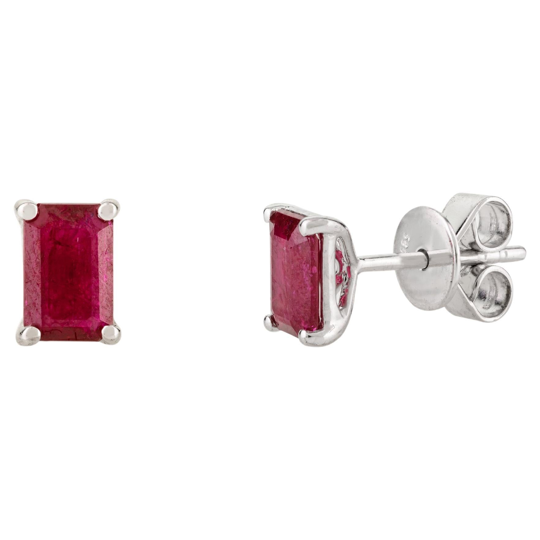 Dainty Natural Ruby Gemstone Stud Earrings in 14 Karat Solid White Gold For Sale
