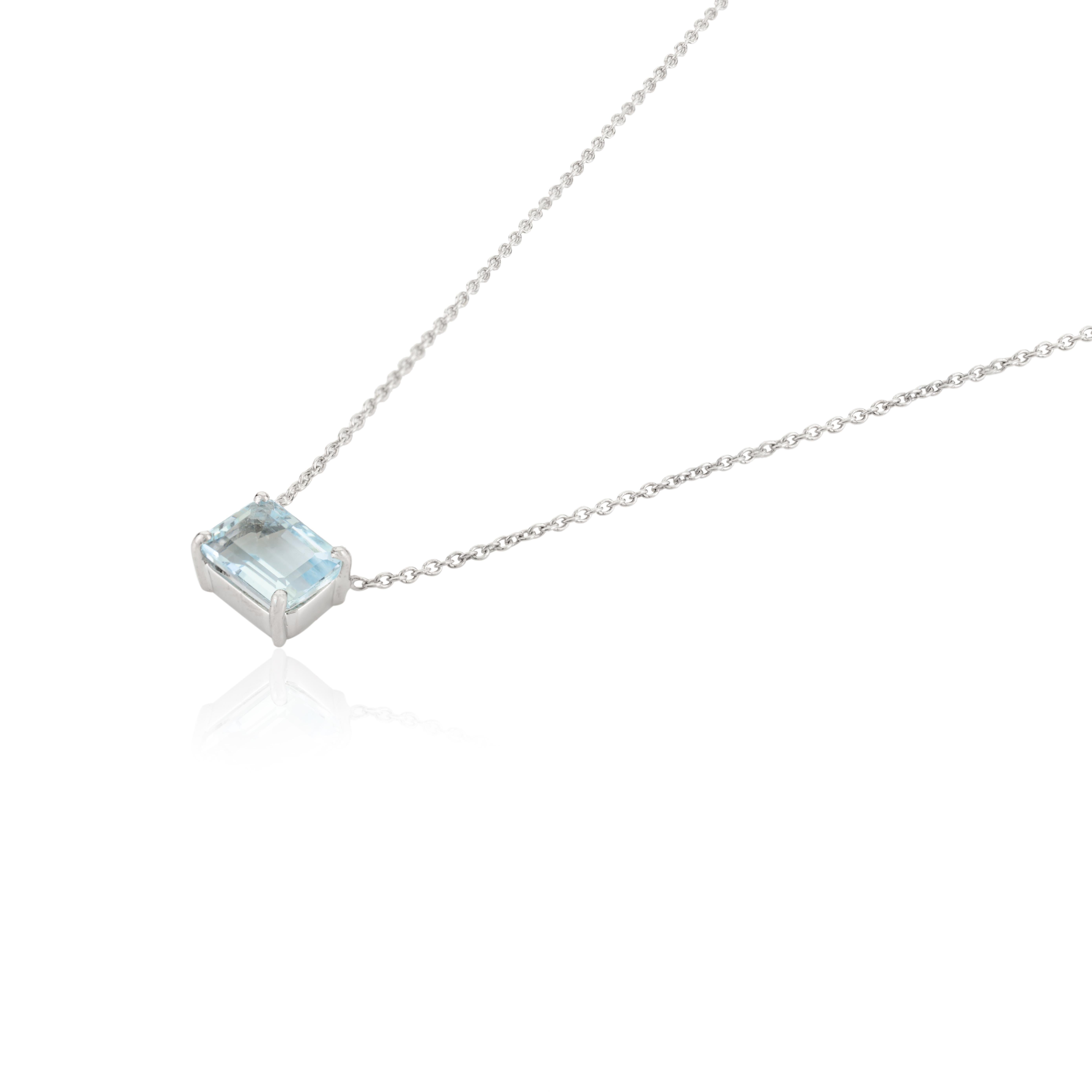 Women's Dainty Octagon Cut Aquamarine Necklace with Chain for Her in 14k White Gold For Sale