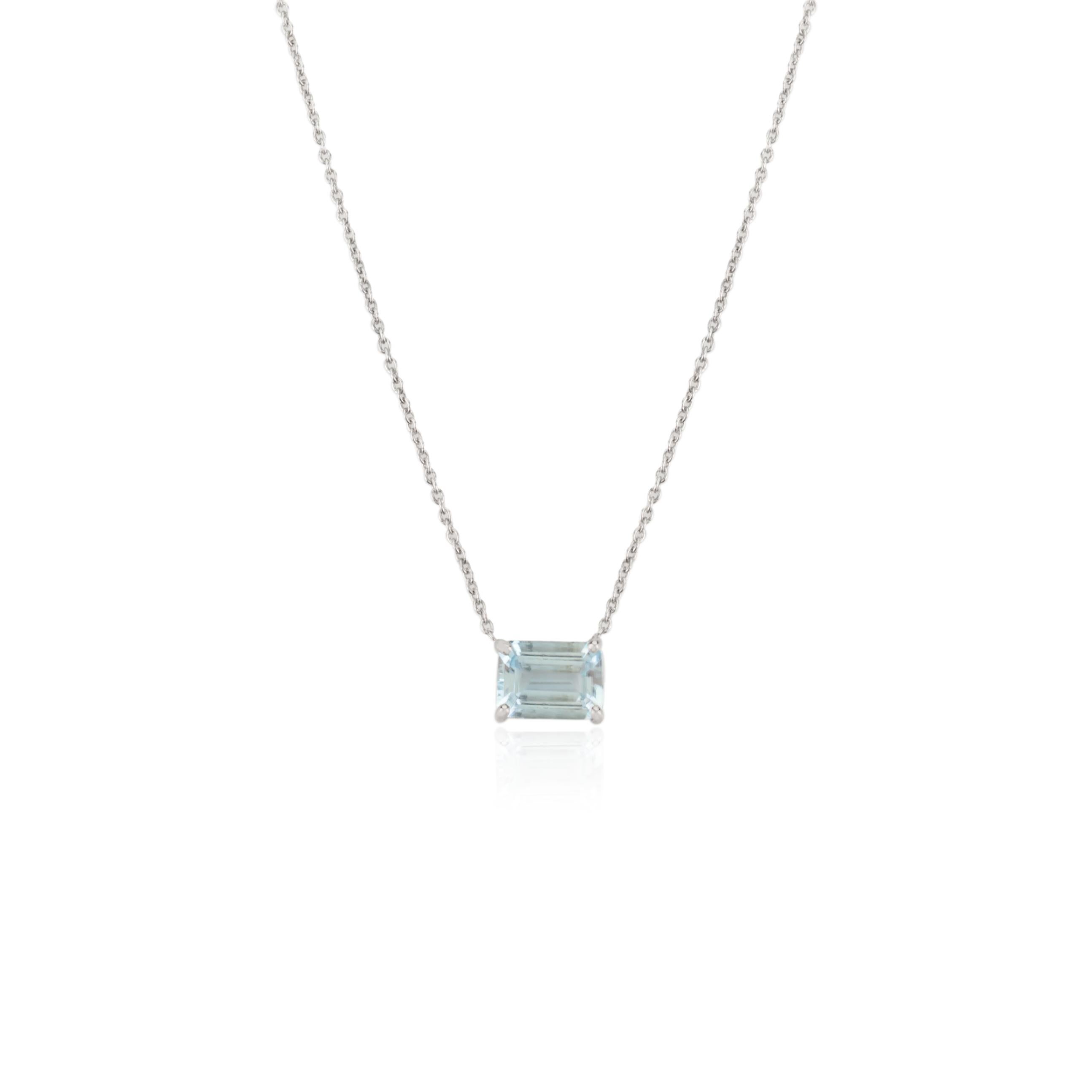 Dainty Octagon Cut Aquamarine Necklace with Chain for Her in 14k White Gold For Sale 3