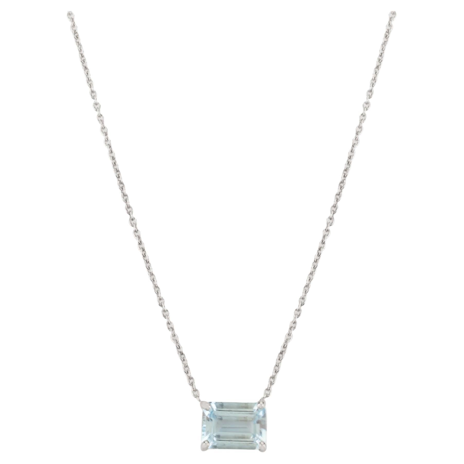 Dainty Octagon Cut Aquamarine Necklace with Chain for Her in 14k White Gold For Sale