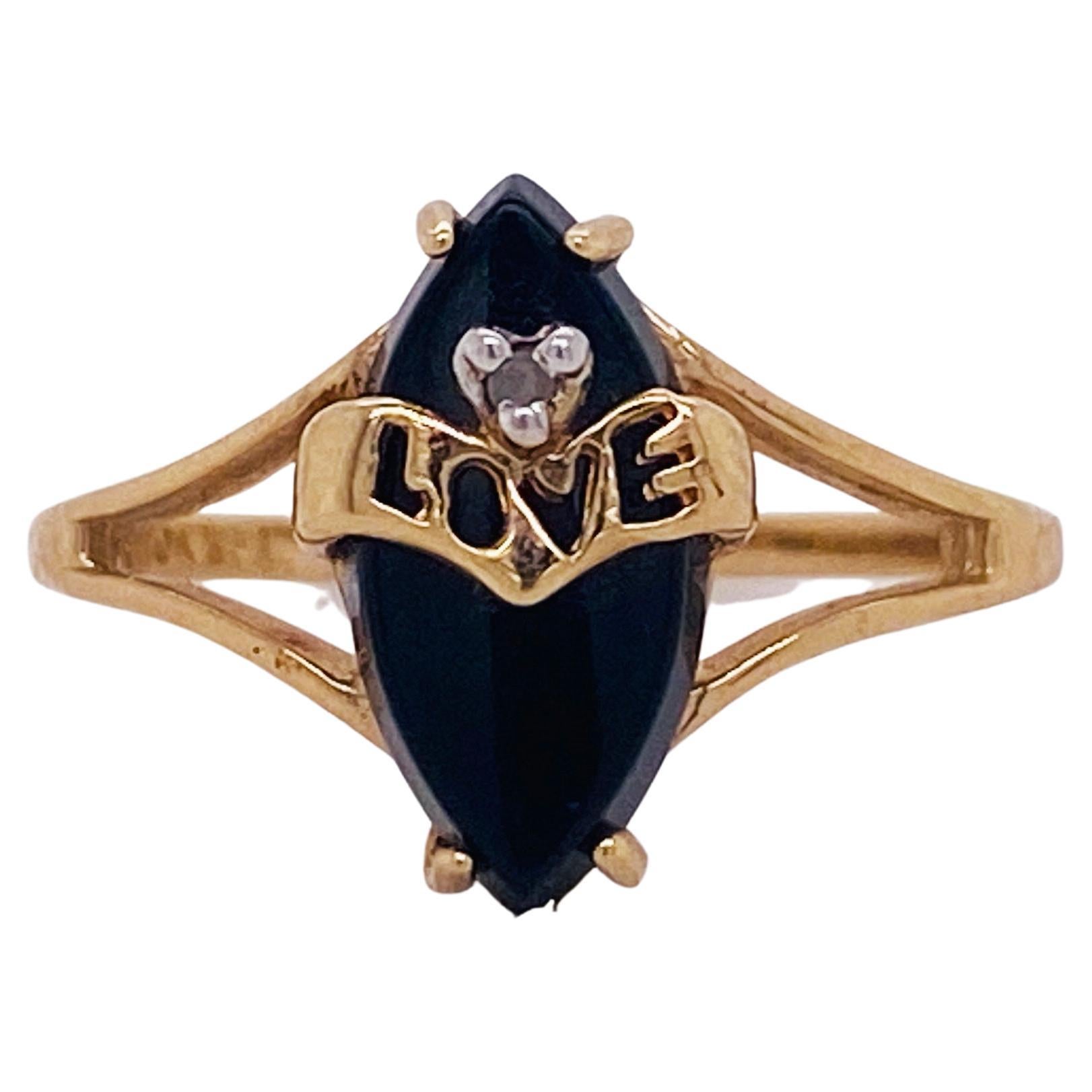 Dainty Onyx Love Ring with Heart and Diamond Accent 10k Gold Love Band LV