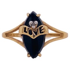 Dainty Onyx Love Ring with Heart and Diamond Accent 10k Gold Love Band LV